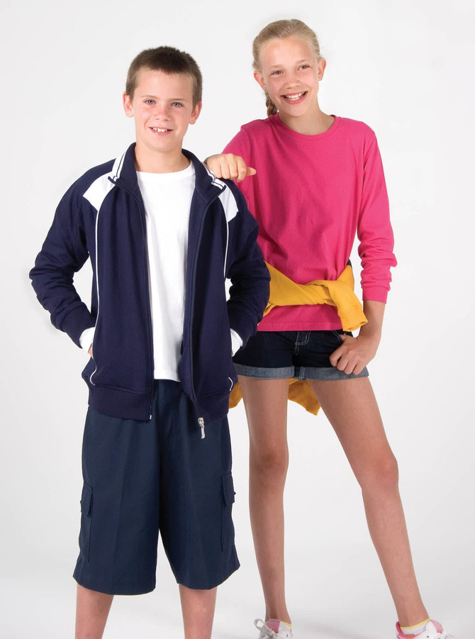 A navy jacket with white contrast details worn by a boy, alongside a girl in a pink top and denim shorts.