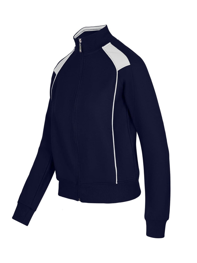 A navy women's juniors unbrushed contrast jacket with white detailing and a logo.