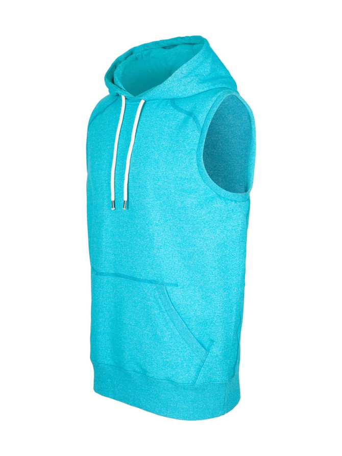 A sleeveless hoodie in vibrant aqua, featuring a front pocket and a hood, with a logo on the chest.