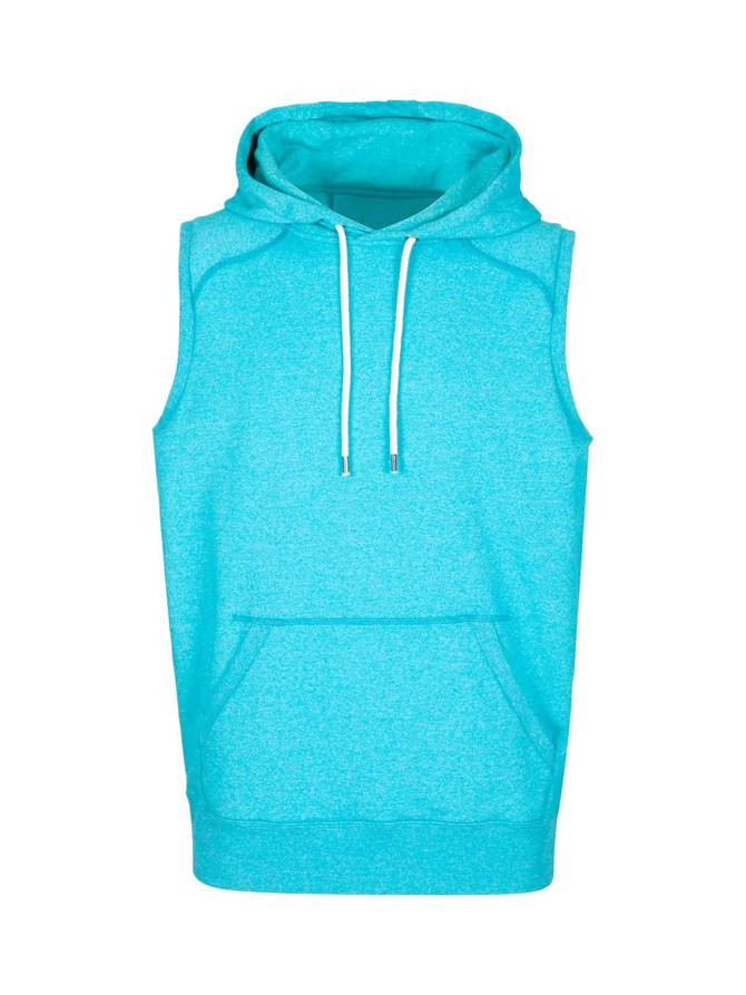 A sleeveless hoodie in bright turquoise, featuring a hood and front pocket, with a logo on the design.