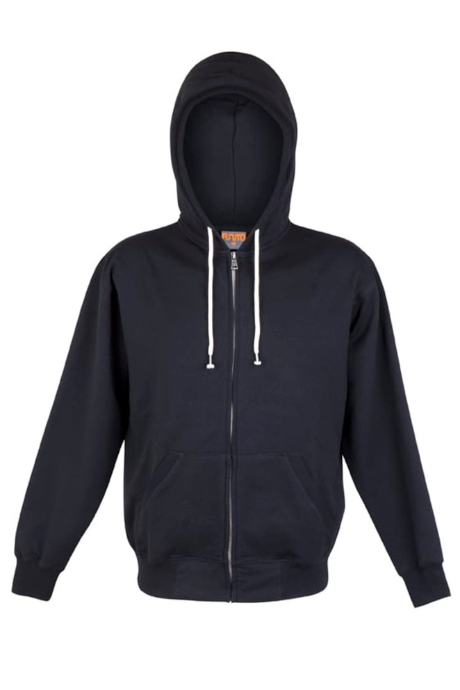 A black zip hoodie with a hood, featuring a front zipper and drawstrings. It has long sleeves and a relaxed fit.