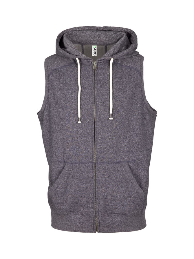 A sleeveless zip hoodie in heather grey with a front pocket and a hood, featuring a logo.