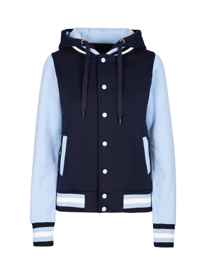 A women's varsity jacket in navy and light blue, featuring a hood, buttons, and striped cuffs.
