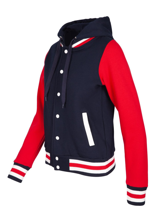 A women's varsity jacket with a navy body, red sleeves, and striped cuffs, featuring a hood and a logo.