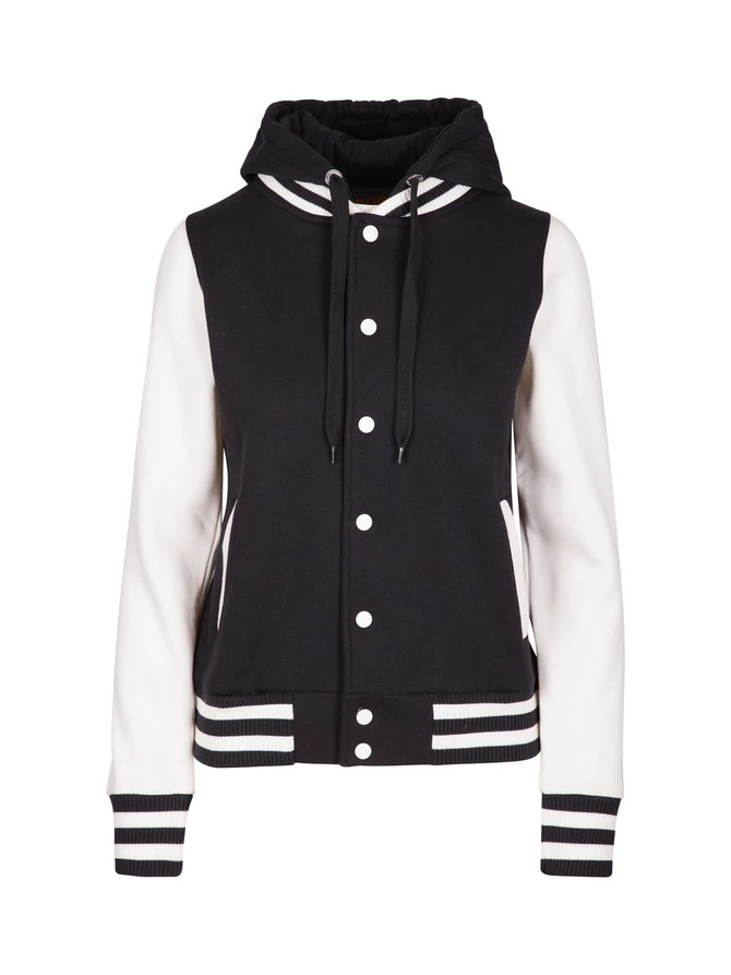 A women's varsity jacket in black with white sleeves and a hood, featuring a button front and striped cuffs.