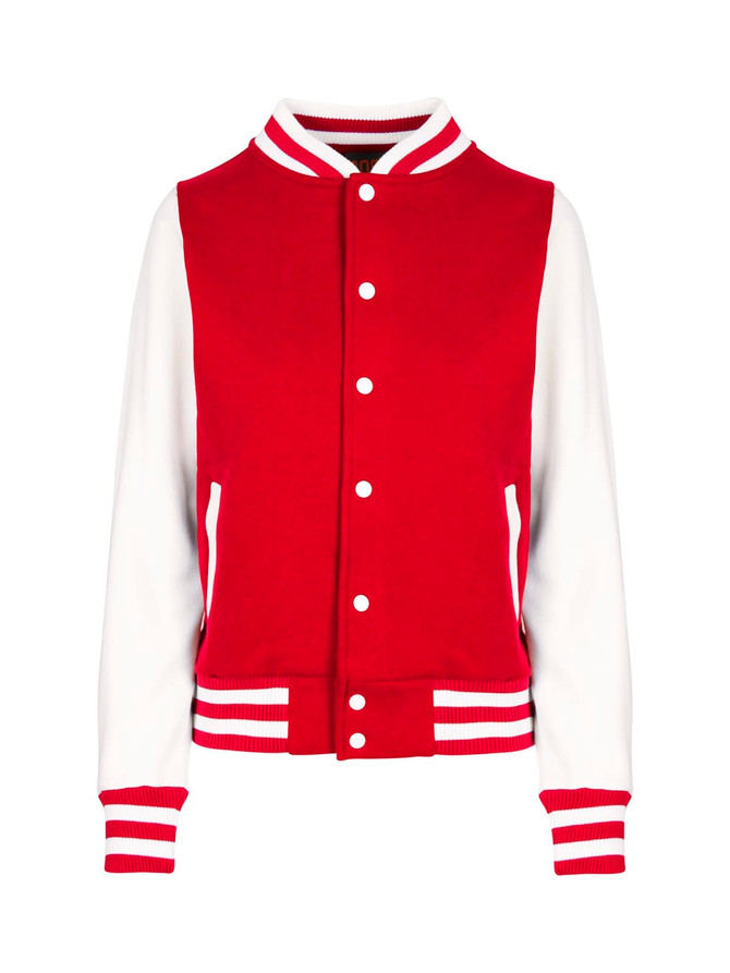 A red and white women's junior varsity jacket with a round collar and striped cuffs, featuring a logo.