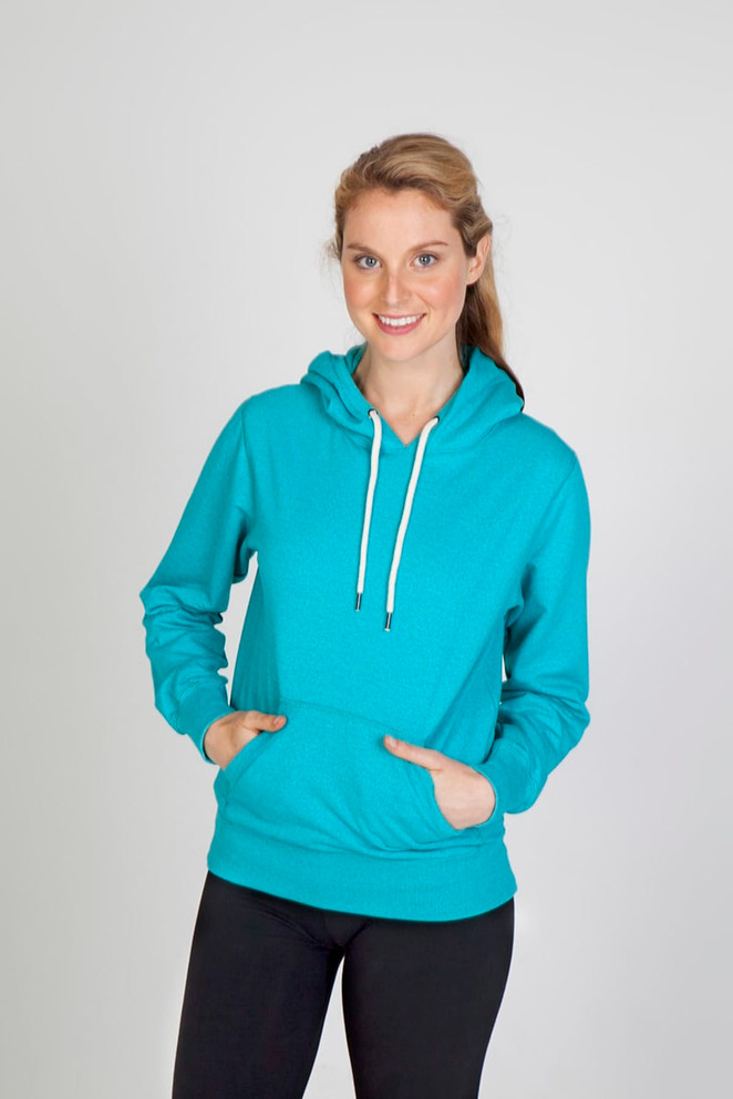 A turquoise hoodie with a front pocket and drawstring hood, worn by a smiling woman.