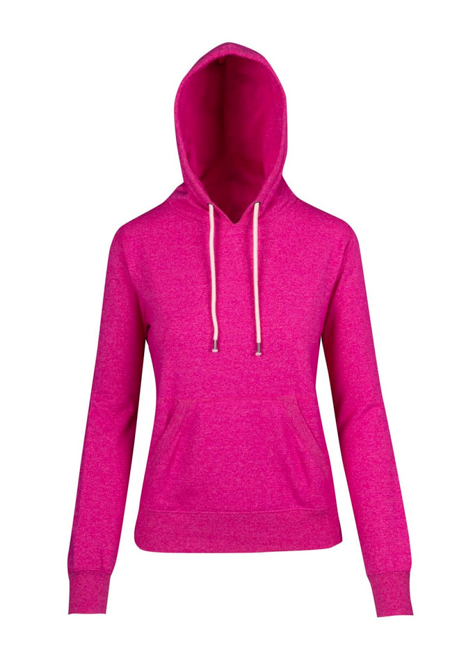 A pink heather hoodie with a front pouch pocket and white drawstrings. It features a hood and long sleeves.