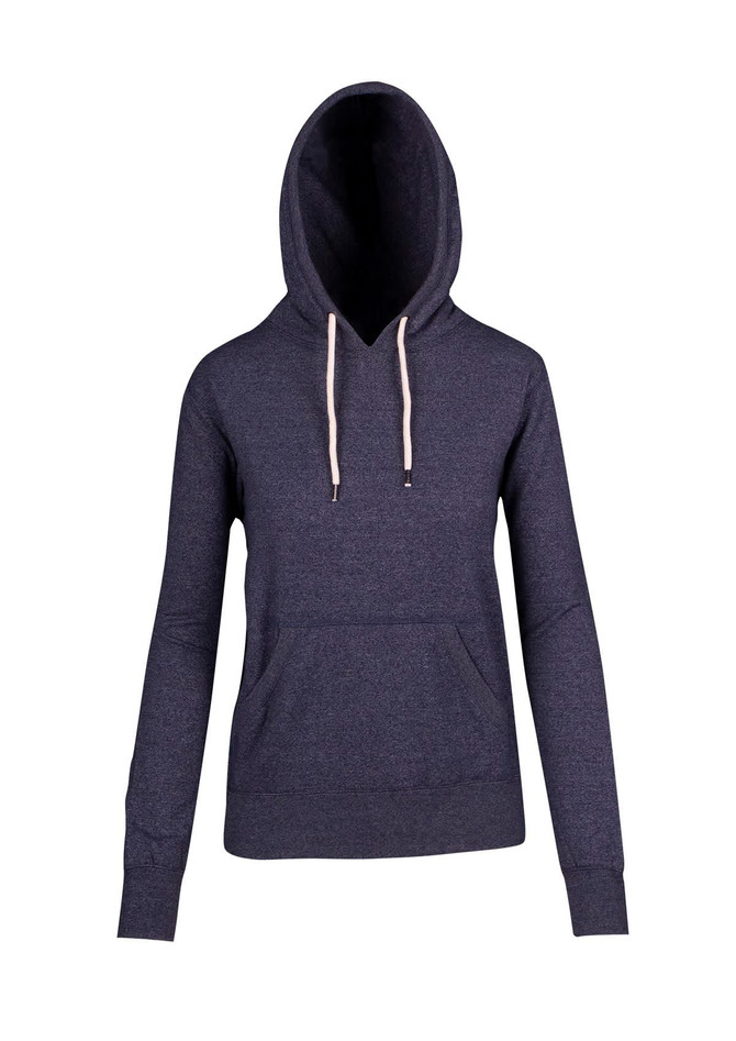 A heather navy hoodie with a front pocket and drawstring hood, featuring a logo on the front.