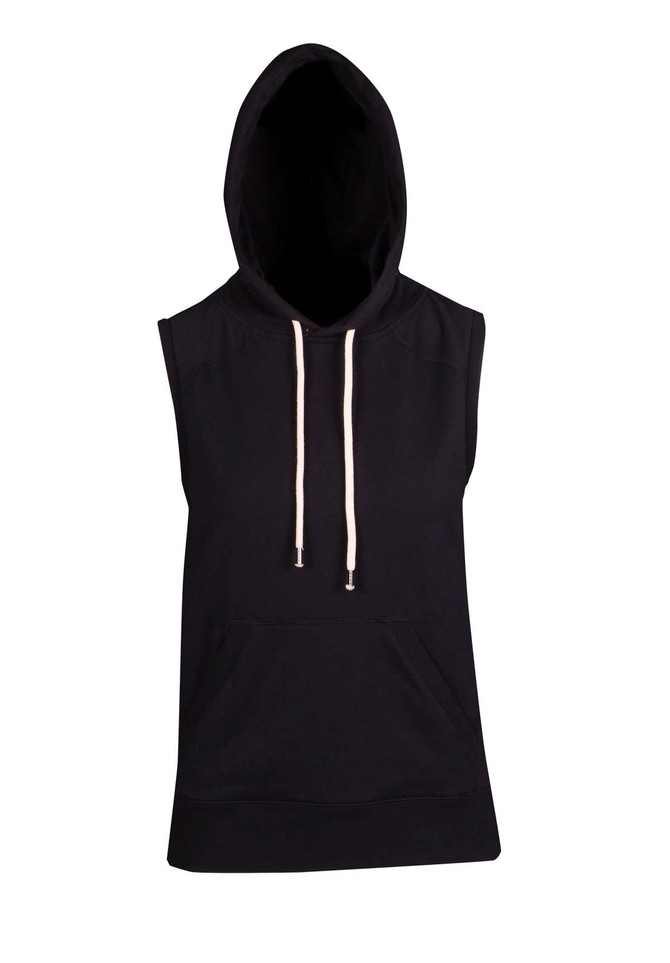 A sleeveless black hoodie featuring a hood and front pocket, with contrasting drawstrings.