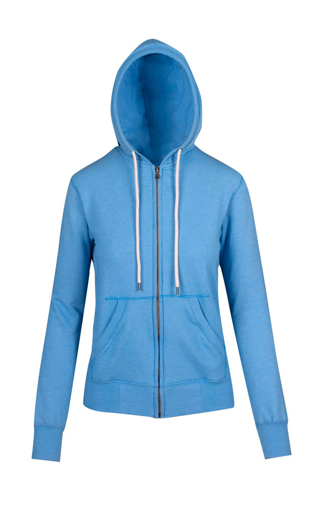 A blue zip hoodie with a hood, featuring a front pocket and a logo.