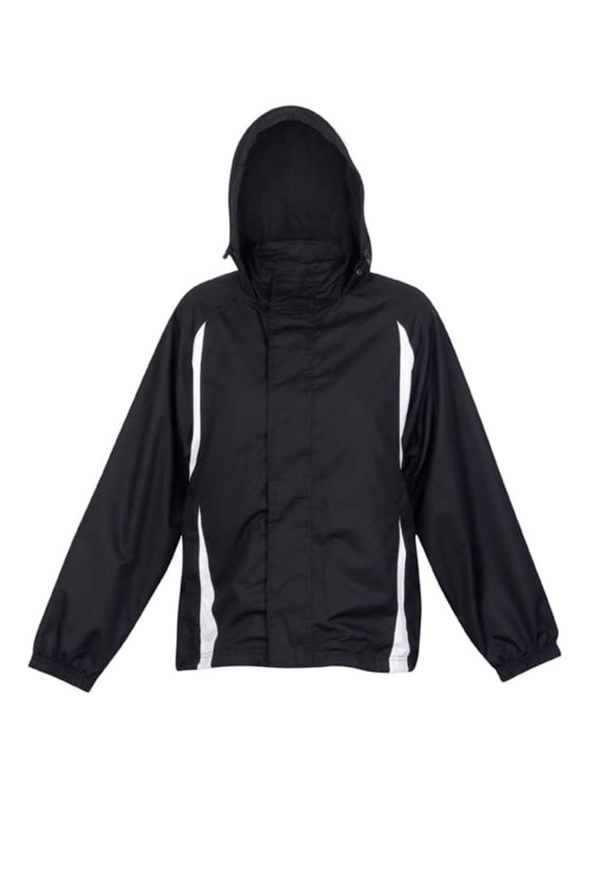 A women's junior shower-proof nylon jacket in black with white detailing and a hood. It features a logo.