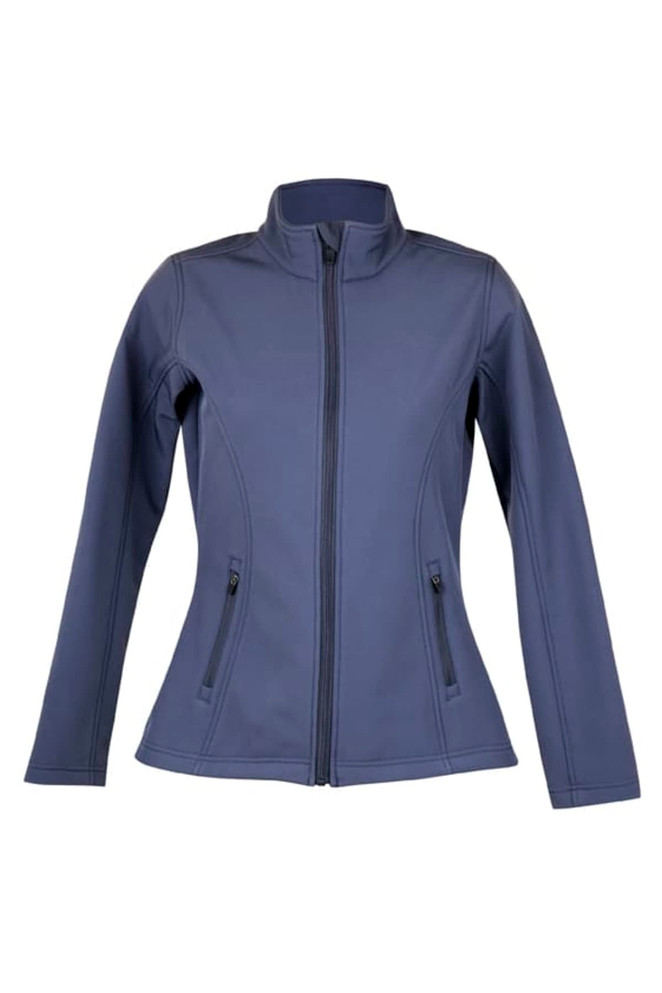 A women's soft shell jacket in navy, featuring a zip front and side pockets, with a branding logo.