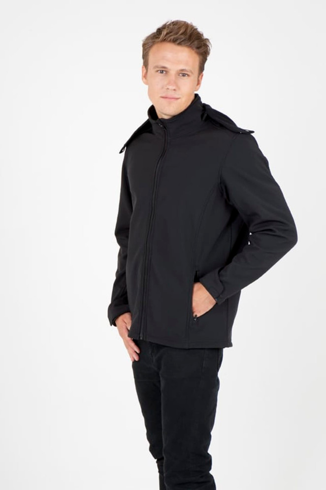 A black men's soft shell hooded jacket from the TEMPEST range, displayed on a model with hands in pockets.