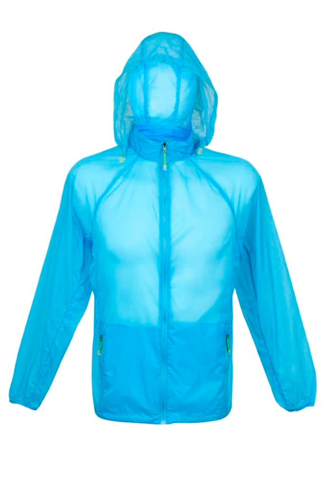 A light blue men's air jacket with a hood, featuring a zippered front and a logo on the design.