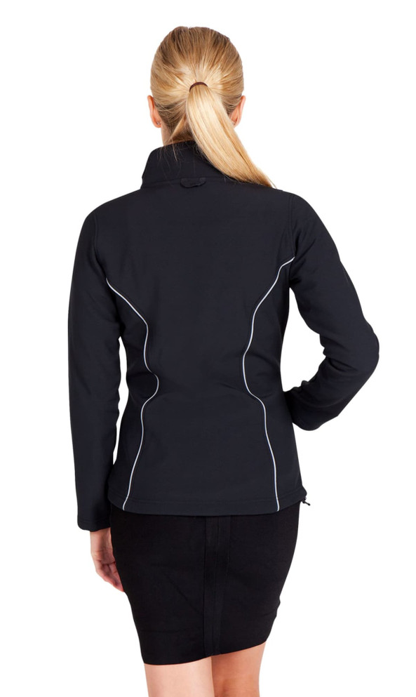 A black women's jacket featuring contrast stitching and a high collar, viewed from the back.