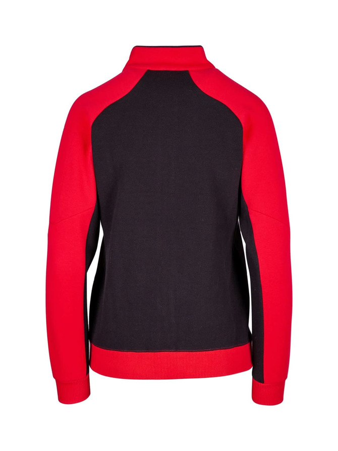 A women's jacket in black with red sleeves, featuring a collar and a branded logo.