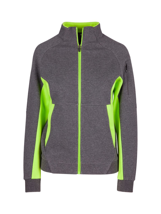 A grey and neon green zip-up women's jacket with a fitted design and a side pocket. It has a branding logo.