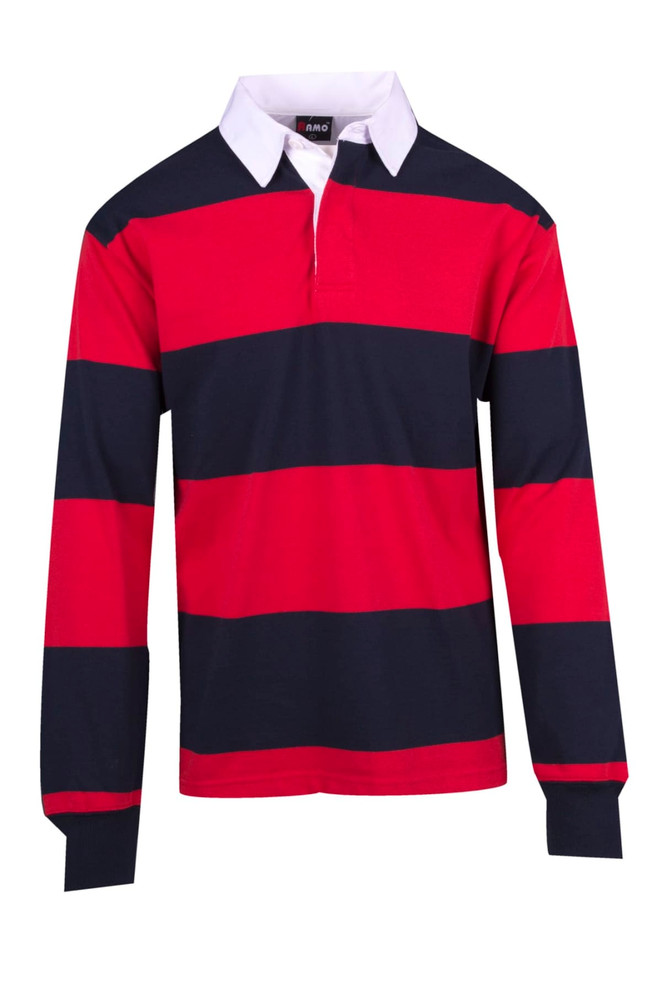 A red and navy striped rugby polo with long sleeves and a white collar, featuring a logo on the chest.
