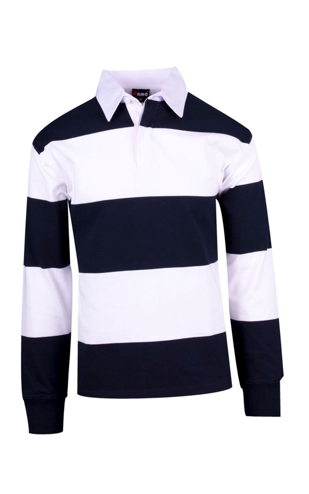 A black and white striped men's/unisex rugby polo with a collared neckline and long sleeves. It features a logo.