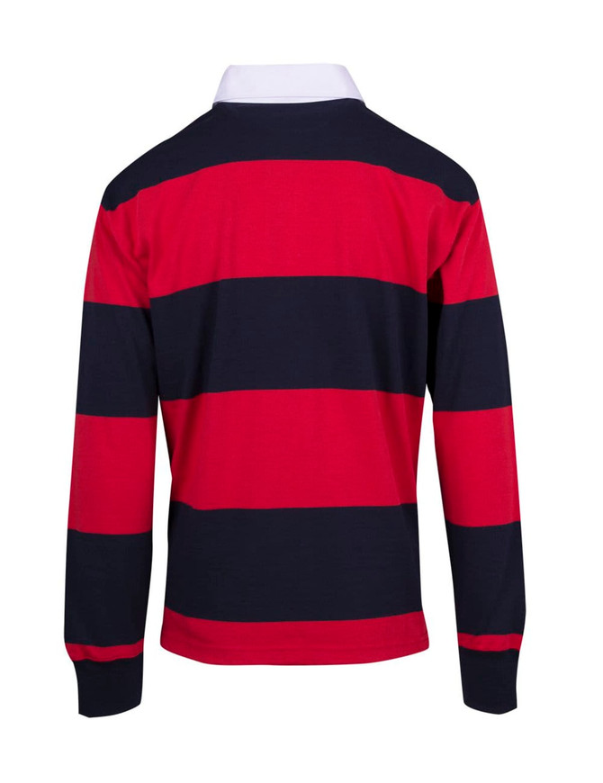A red and navy striped rugby polo featuring a white collar and a logo on the back.