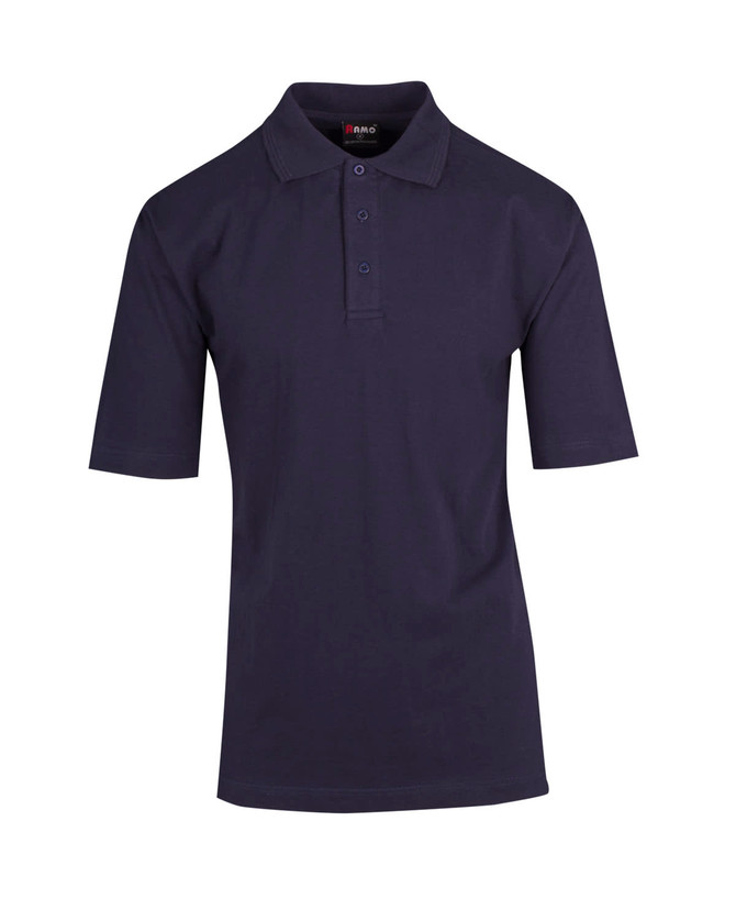 A navy blue men's polo shirt made of 100% cotton, featuring a classic collar and three buttons. It has a logo.