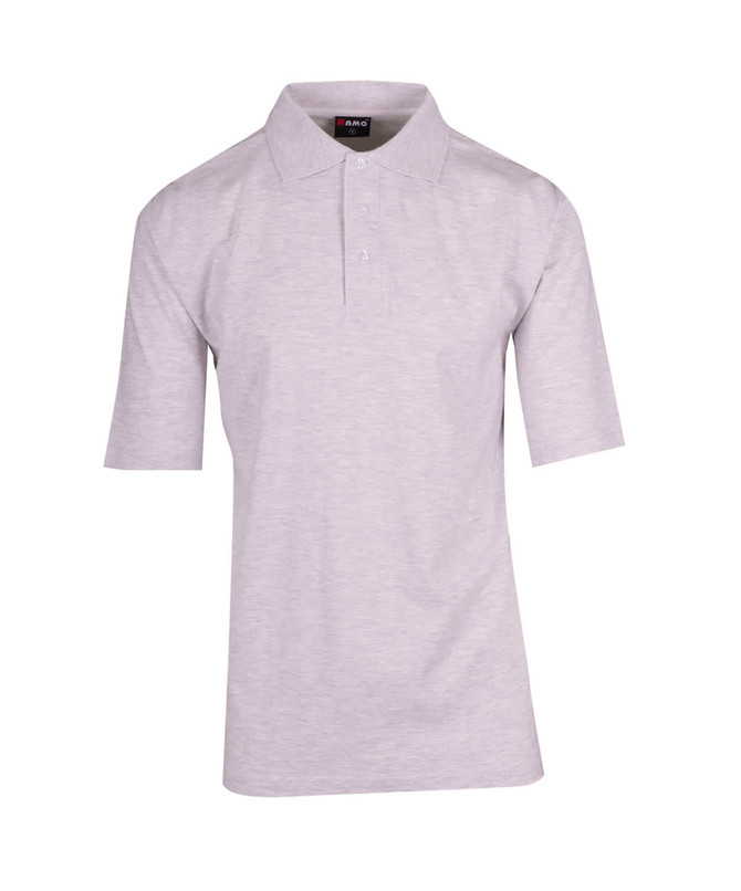 A grey men's 100% cotton jersey polo shirt with a collar and short sleeves. It features a logo on the chest.