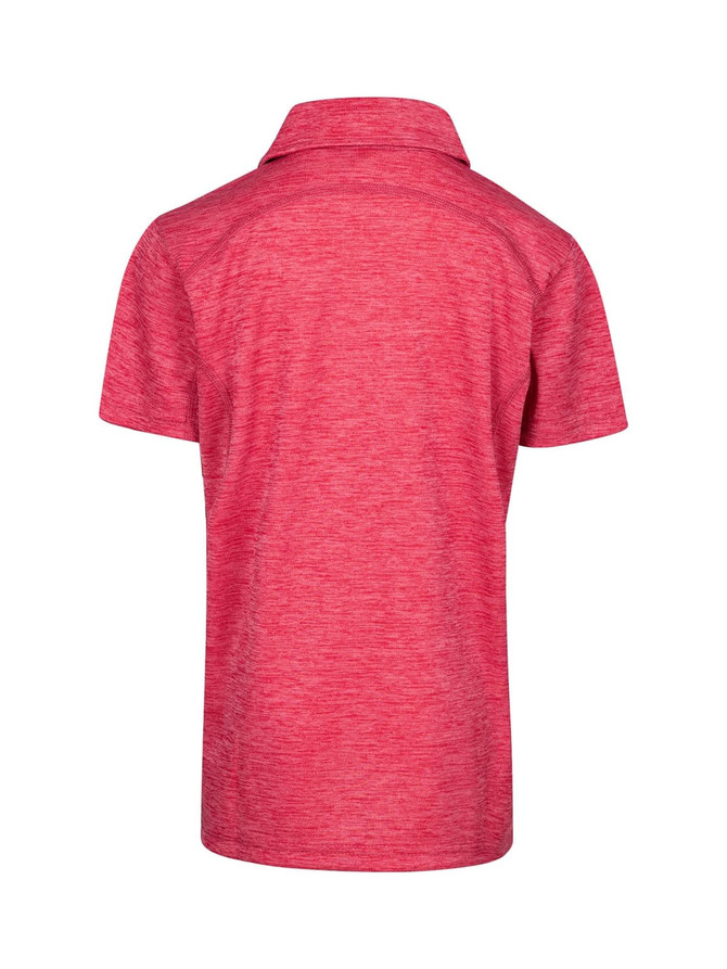 A pink polo shirt in 100% polyester, featuring a classic collar and a back view. Includes a logo.