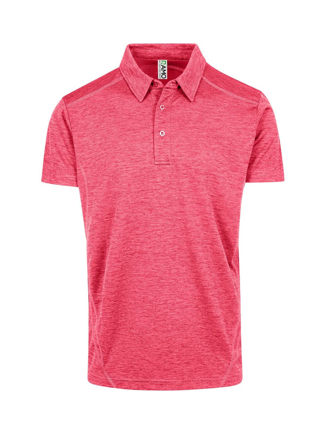A red polyester polo shirt with a collar and a logo. It features short sleeves and a textured pattern.