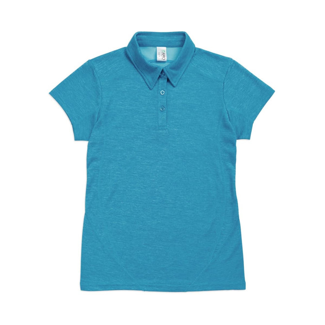 A teal women's polo shirt made of 100% polyester with a collar and short sleeves. Features a logo on the chest.