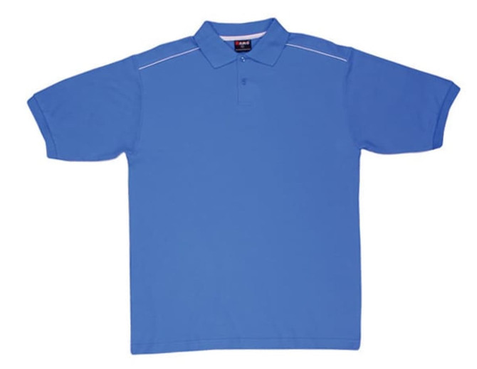 A blue men's/unisex polo shirt made of cotton pique knit, featuring piping details and a logo.