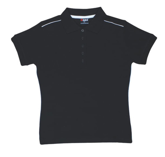 A black women's cotton pique knit polo shirt with piping details and a logo. Short sleeves and a classic collar.