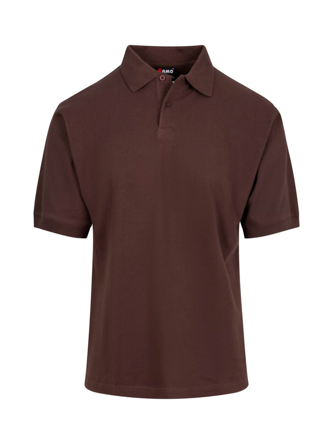 A brown cotton polo shirt with a collar and a branded tag, featuring short sleeves and a classic fit.