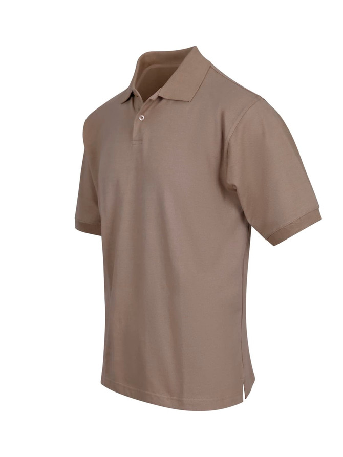 A men's cotton polo shirt in a khaki tone, featuring a collar and a small logo.