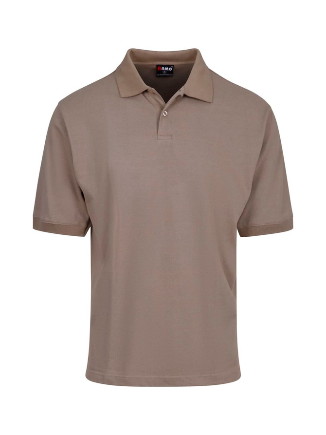 A light brown men's cotton polo shirt with a collar and short sleeves, featuring a branding logo.
