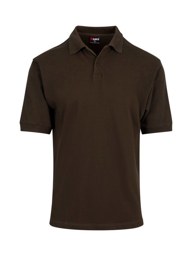 A dark green men's cotton pigment dyed polo shirt with a collar and short sleeves, featuring a logo.