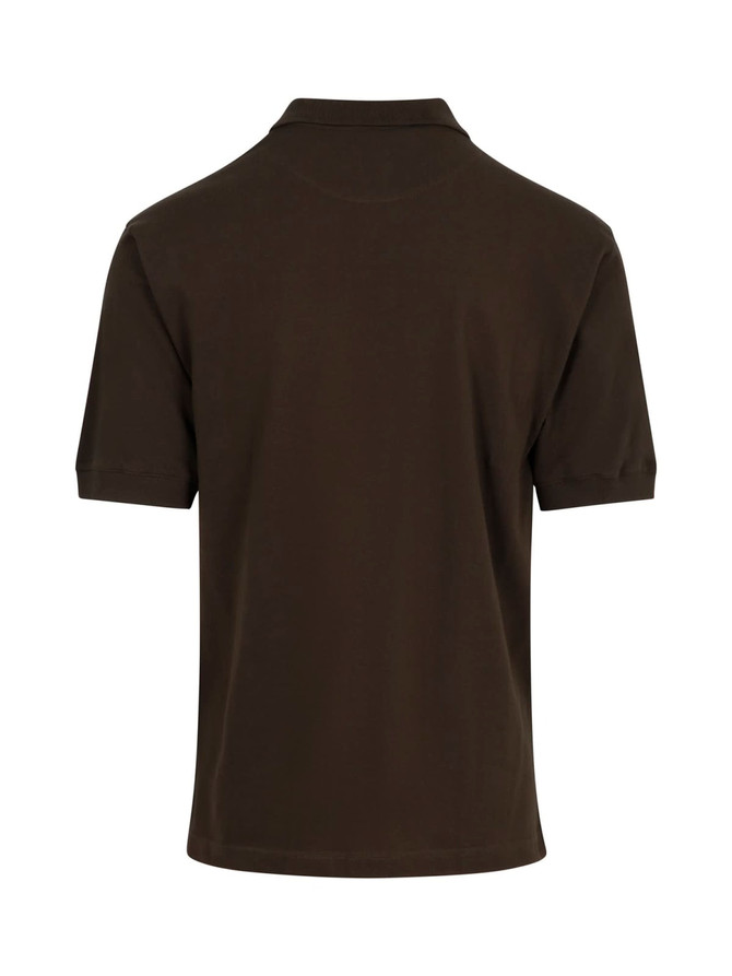 A dark green men's cotton polo shirt featuring a classic design and a back view. It has a logo.