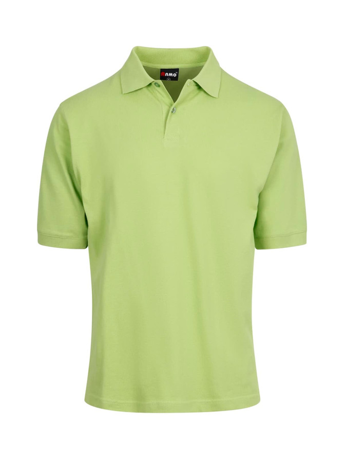 A light green men's cotton polo shirt featuring a collar and short sleeves, with a logo on the neck label.