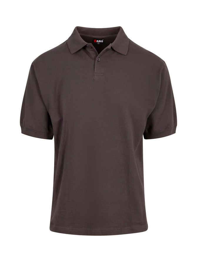 A dark brown men's cotton polo shirt with a collar and short sleeves. The shirt features a logo on the chest.