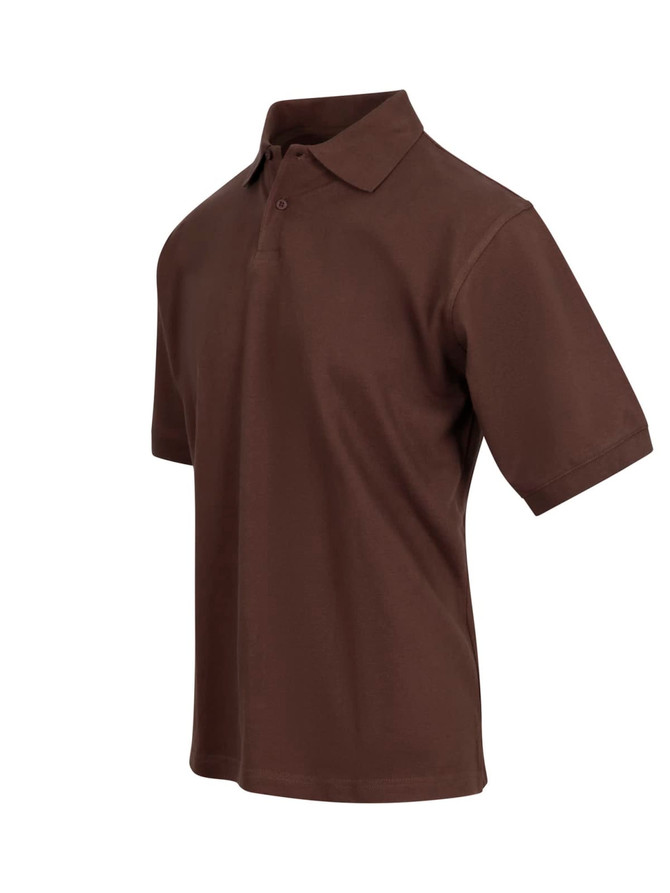 A brown men's cotton polo shirt with short sleeves and a collar. It features a small logo on the chest.
