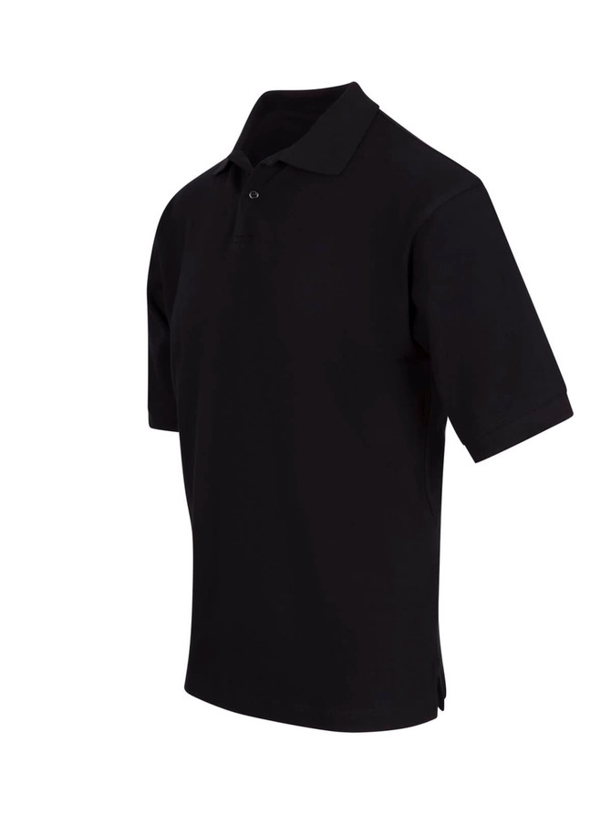 A black men's cotton pigment dyed polo shirt with a classic collar and short sleeves, featuring a logo.