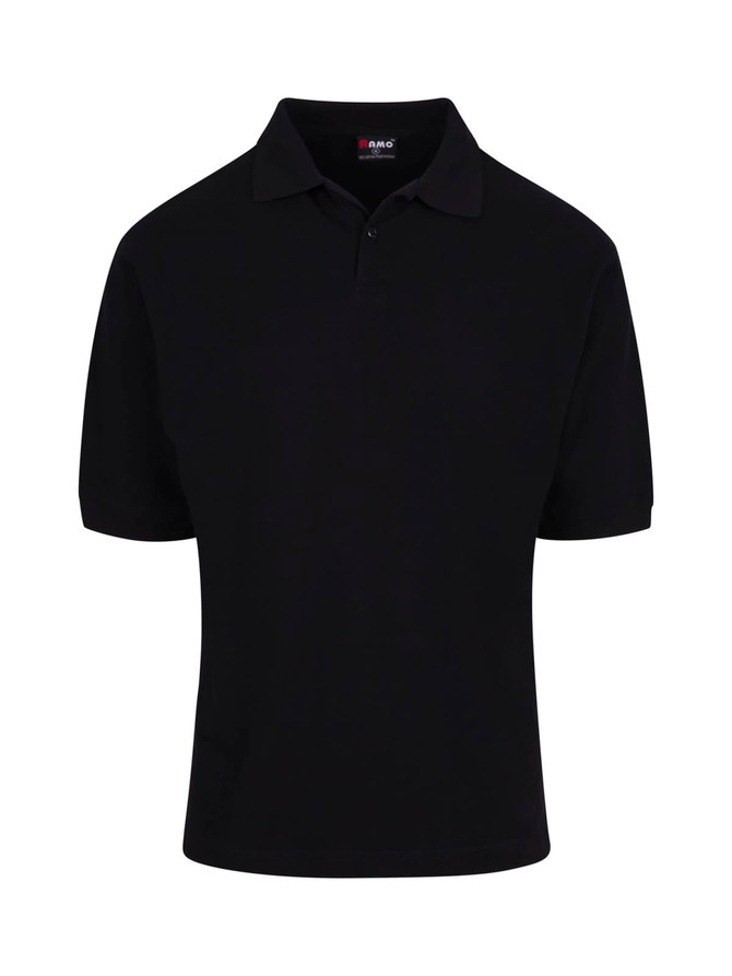 A black men's cotton pigment dyed polo shirt with a logo on the collar. Short sleeves and a classic fit.