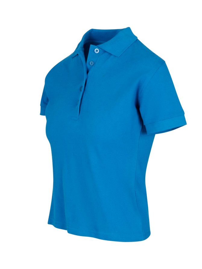 A blue women's cotton pigment dyed polo shirt with a classic collar and short sleeves, featuring buttons and a logo.