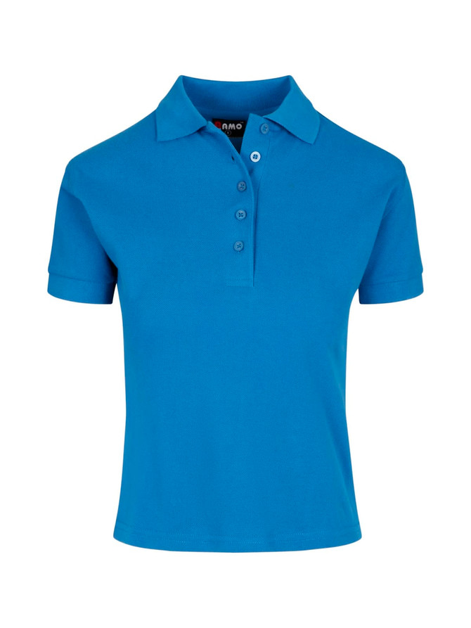 A blue women's cotton polo shirt with a classic collar and five buttons, featuring a logo on the tag.