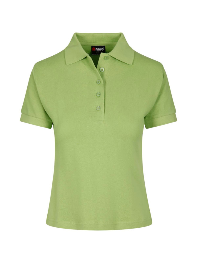 A light green women's cotton polo shirt featuring a button placket and a logo on the label.
