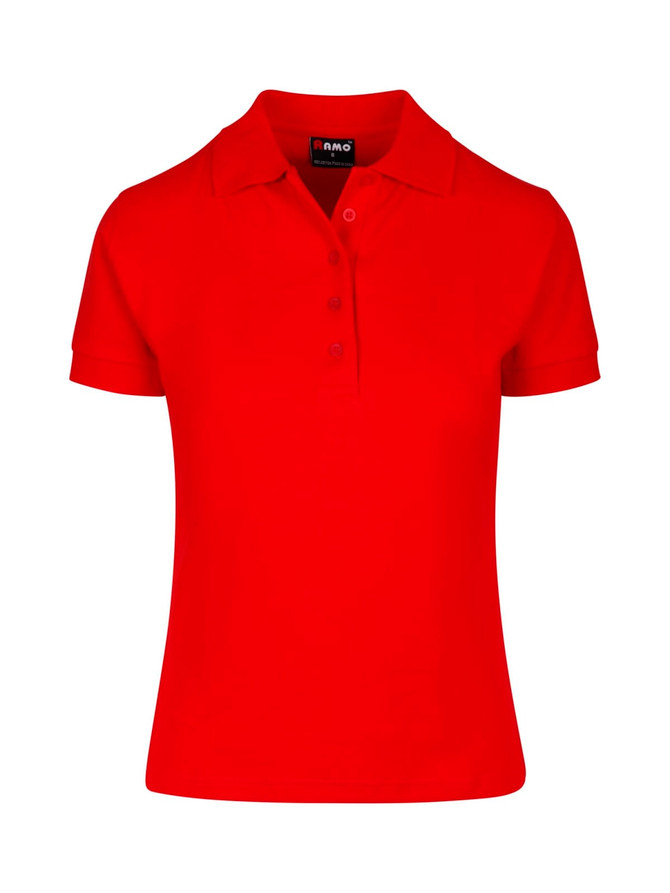 A red women's 100% cotton pique knit polo shirt with a collar and buttons. It has a logo on the label.