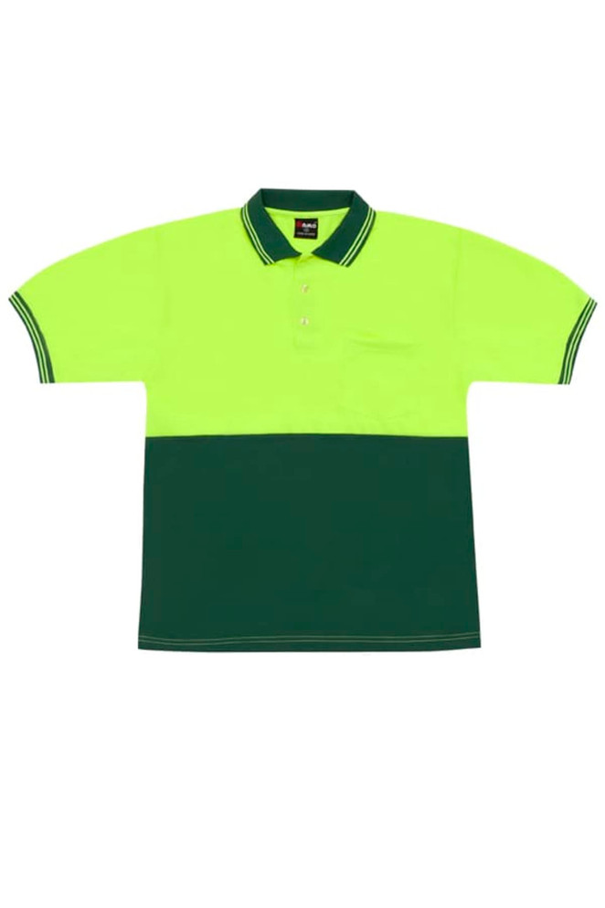 A high visibility polo shirt in bright yellow and dark green, featuring a collar and a pocket. It has a logo.