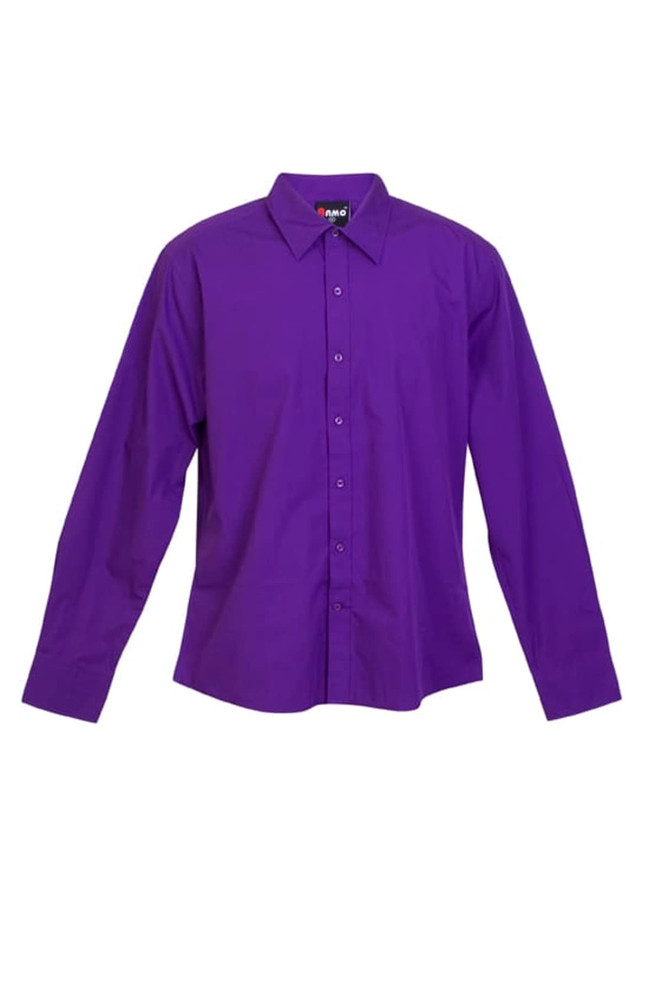 A purple long sleeve button-up shirt with a classic collar and a logo on the label.