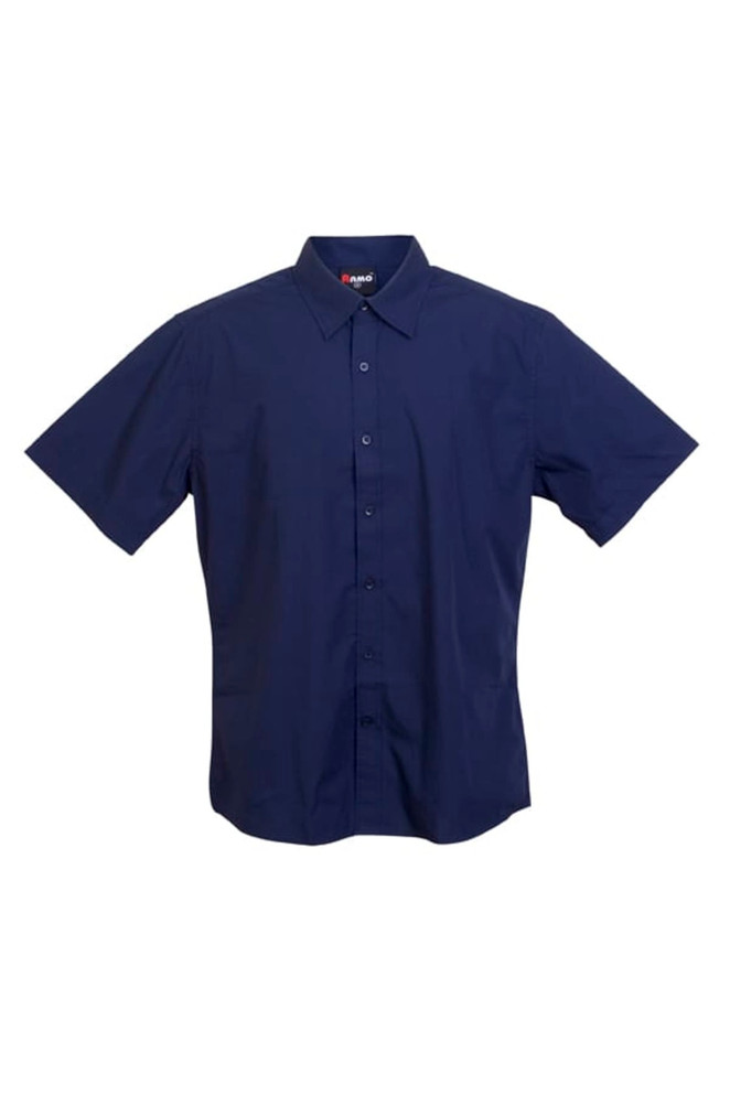 A short sleeve, button-up shirt in navy blue with a logo on the collar.