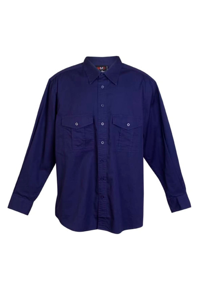 A long sleeve work shirt in navy blue with two chest pockets and a collar, featuring a logo.